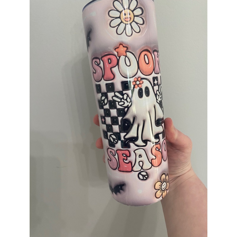 Spooky Season Tumbler Unisex OS Pink Ghost Checkered Retro 20oz
